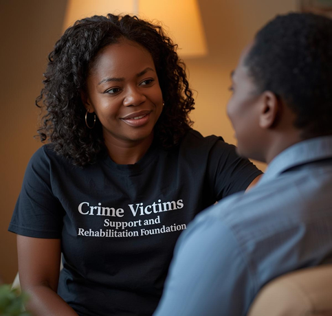 create an image of a pretty african american lady councelling a someone. on her tshirt is written crime victims support and rehabilitation foundation